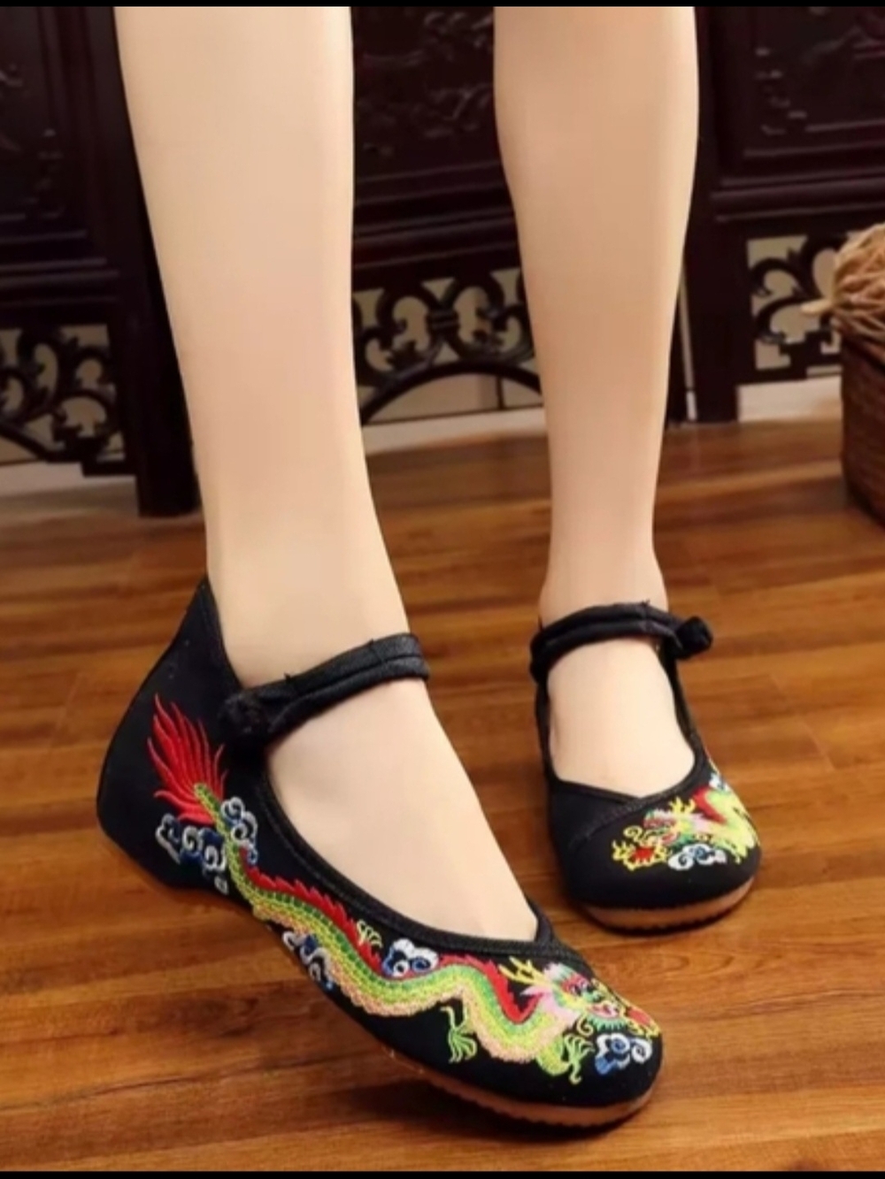 Black Embroidered Dragon Mary Jane Flats with Strap